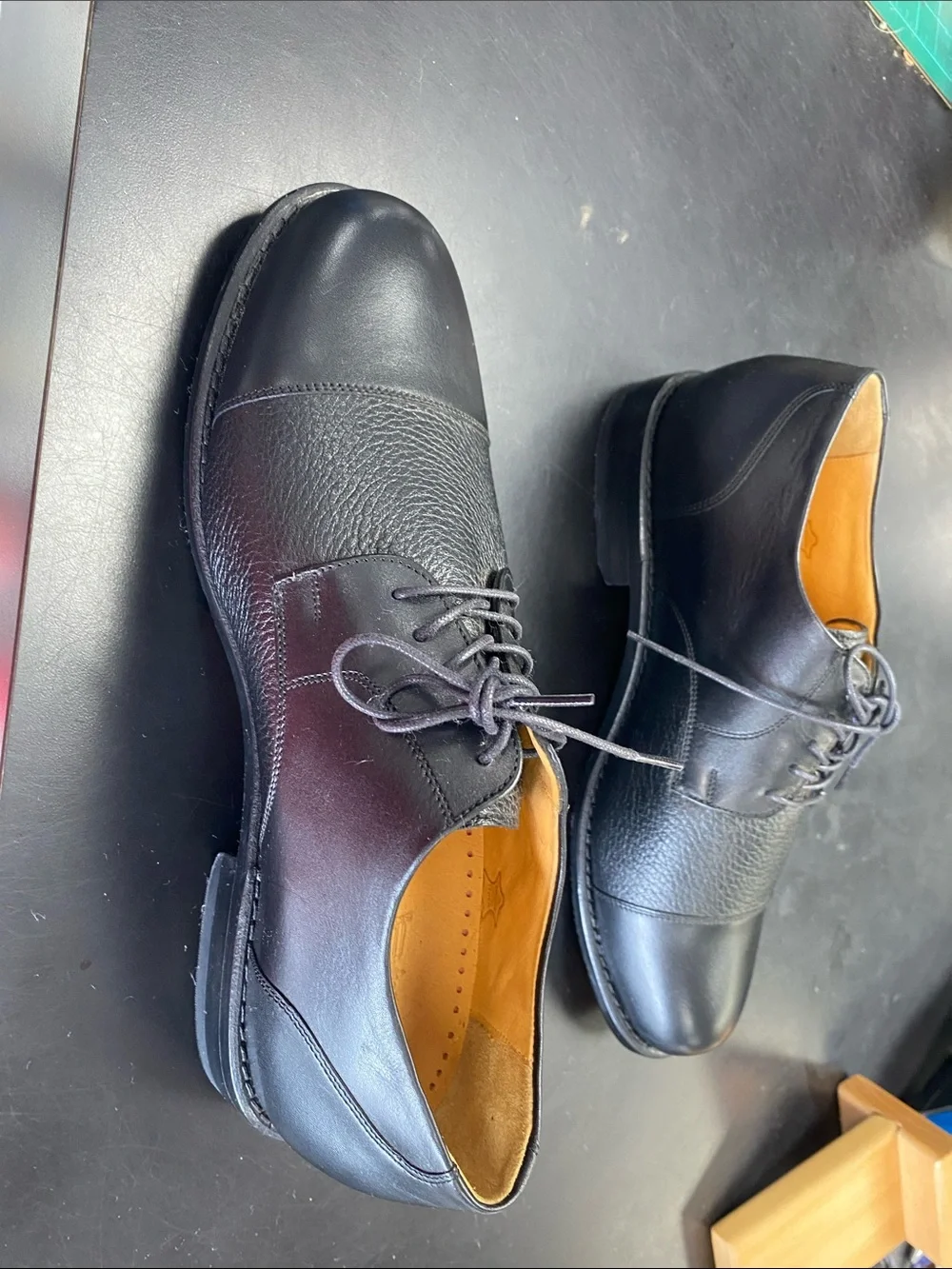 Tauer & Johnson Men's Black Leather Cap-Toe Derby Shoes